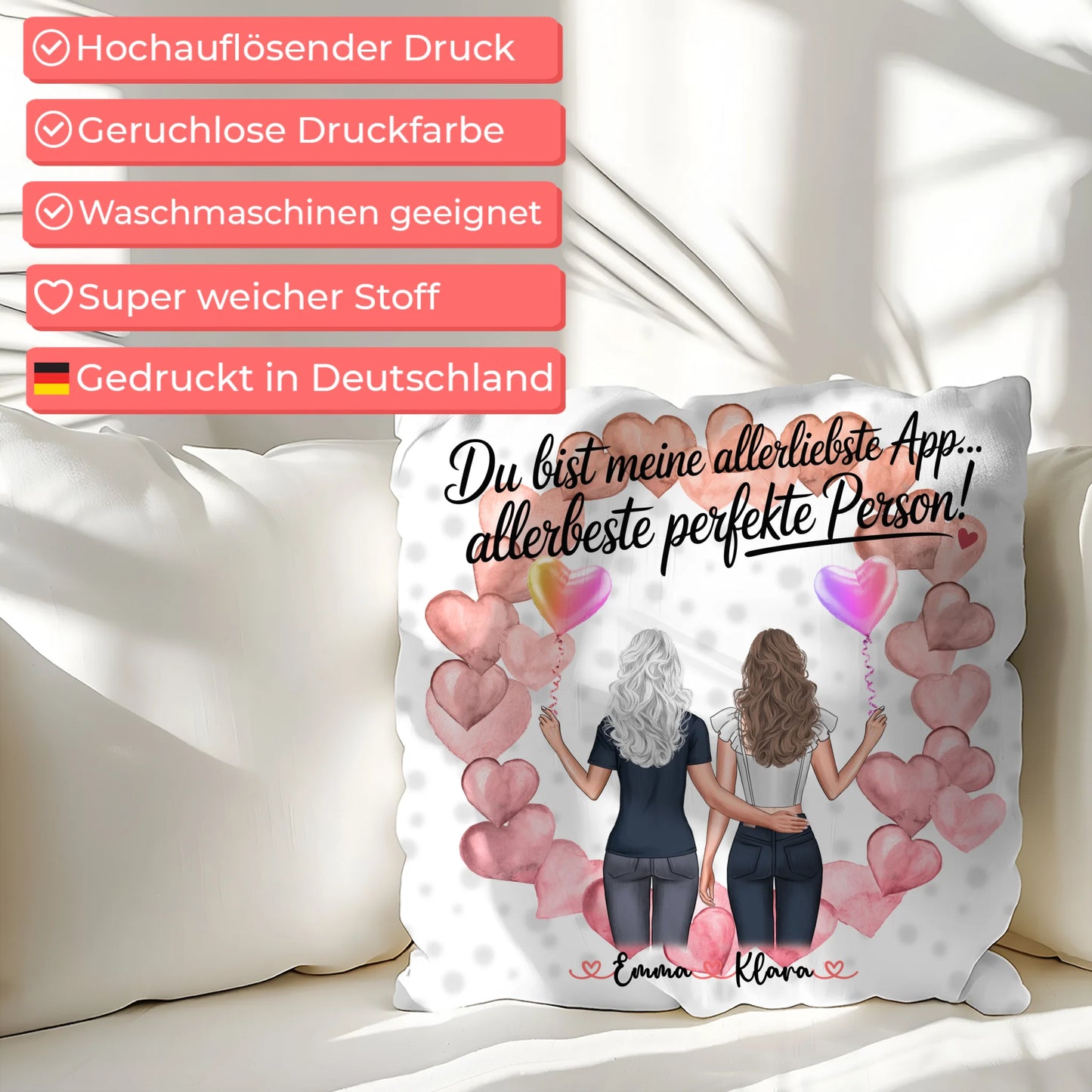 Kissen beste Freundin personalisierbar mit 2 Clipart-Frauen, Namen, Foto & Wunschtext