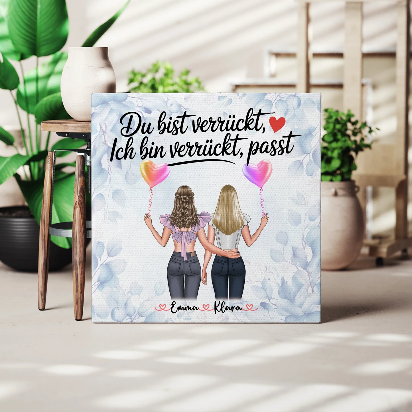 Personalisierte Leinwand für Freundinnen mit 2 Clipart-Frauen, Namen & Spruch 3