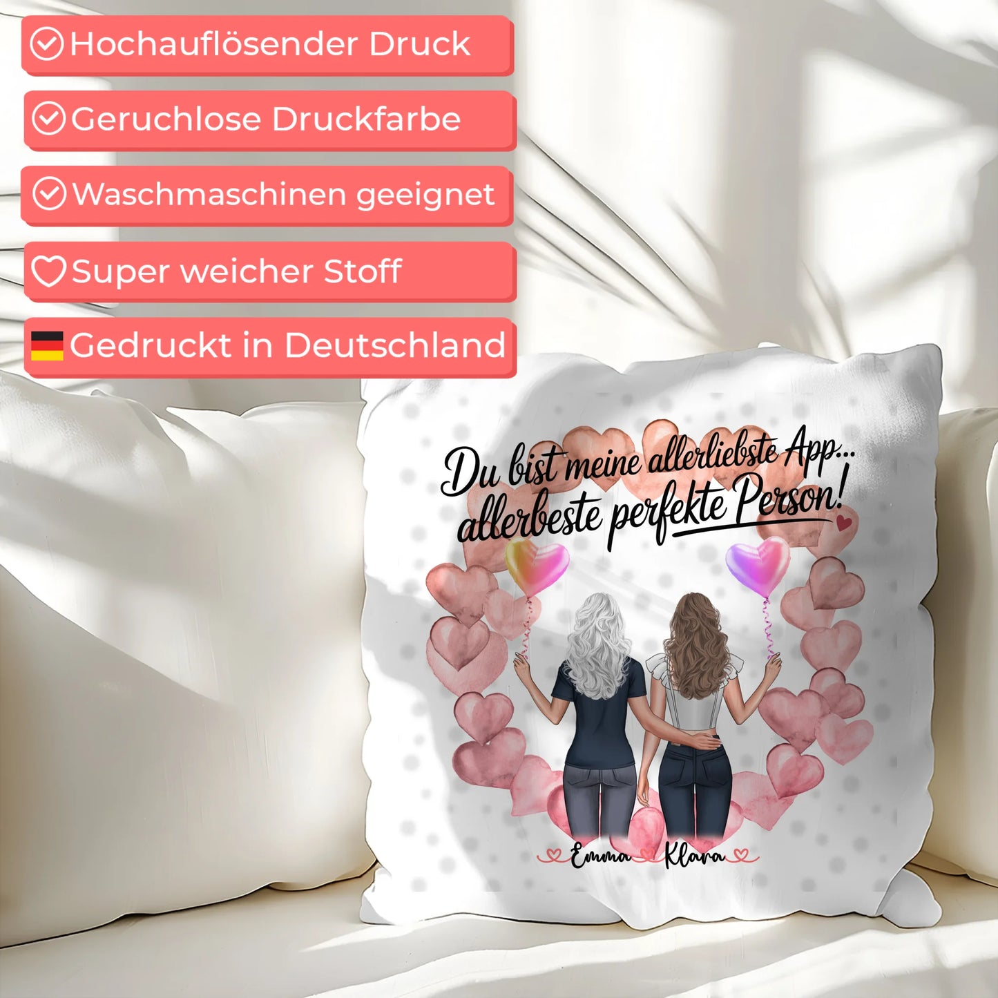 Kissen beste Freundin personalisierbar mit 2 Clipart-Frauen, Namen, Foto & Wunschtext