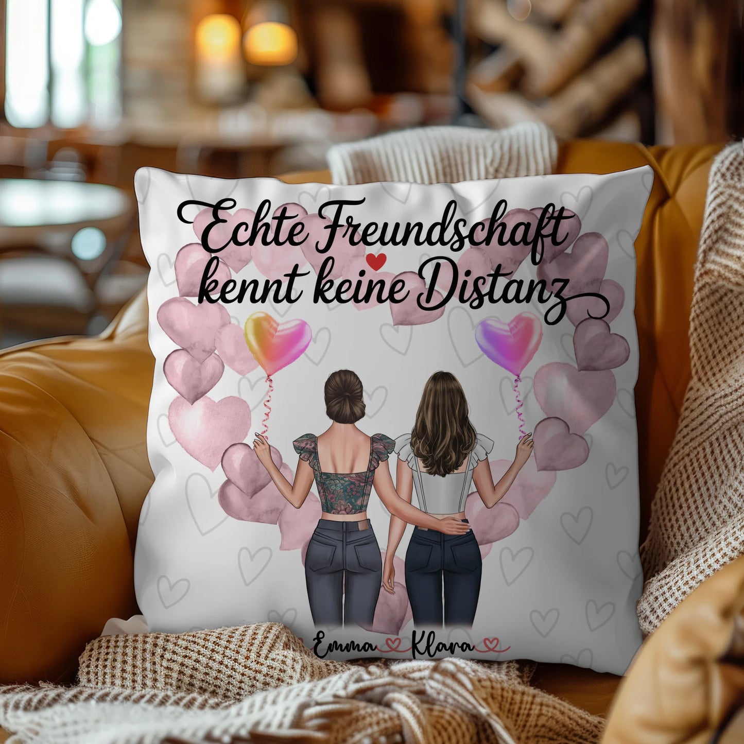 Beste Freundin Kissen mit 2 Clipart-Frauen, Namen, Hintergrundbild & Wunschtext