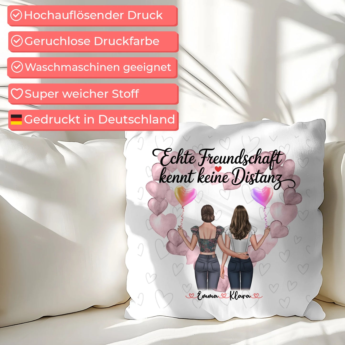 Beste Freundin Kissen mit 2 Clipart-Frauen, Namen, Hintergrundbild & Wunschtext