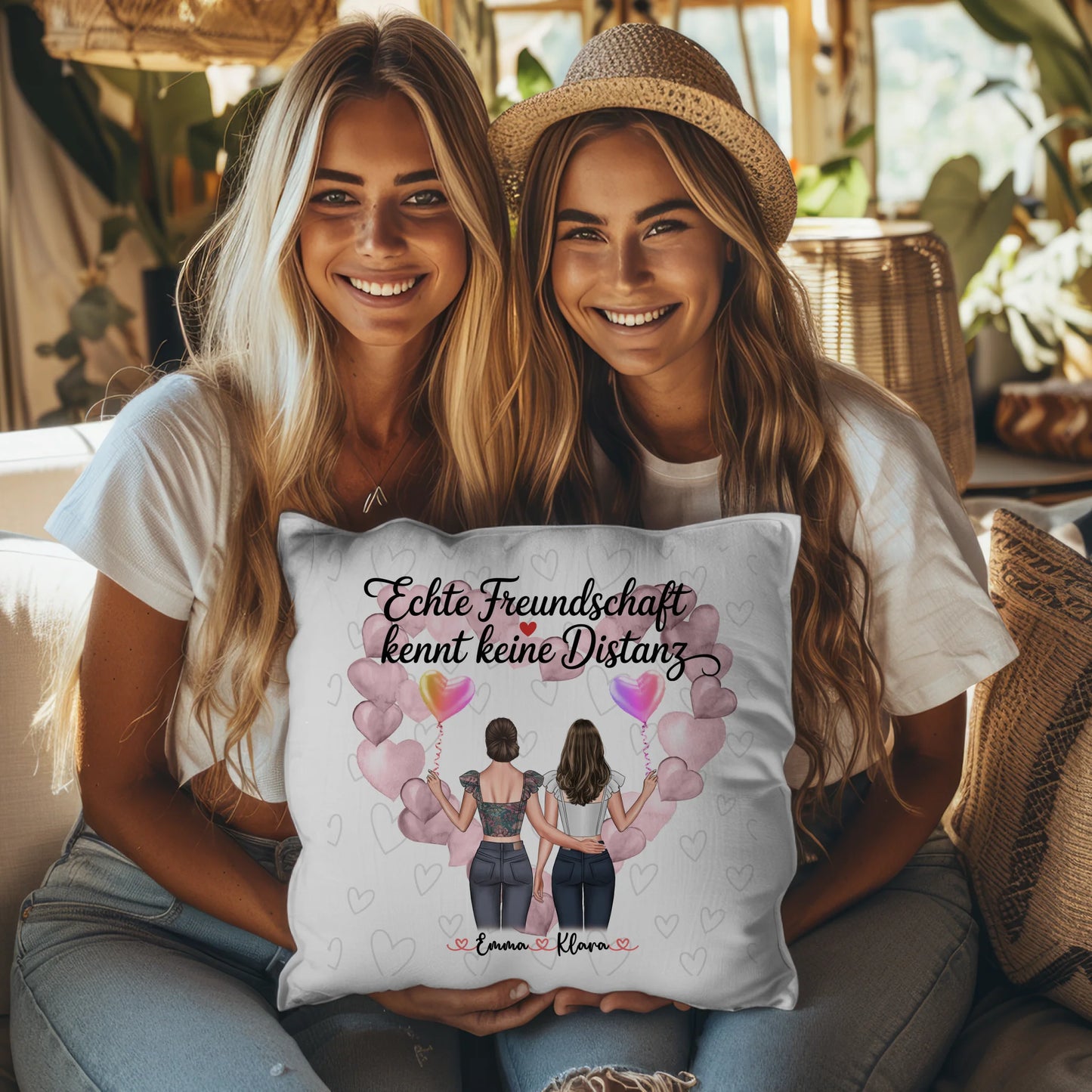 Beste Freundin Kissen mit 2 Clipart-Frauen, Namen, Hintergrundbild & Wunschtext