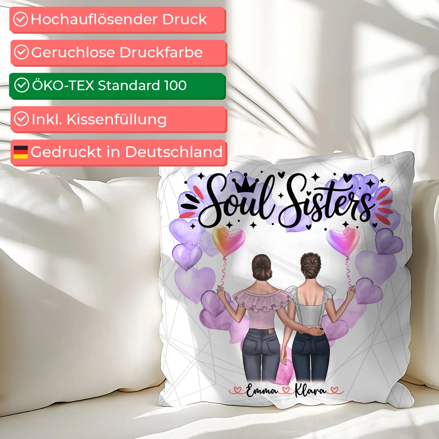 Foto Kissen Mit Namen für Beste Freundin & Soul Sisters mit 2 Clipart Frauen, Namen