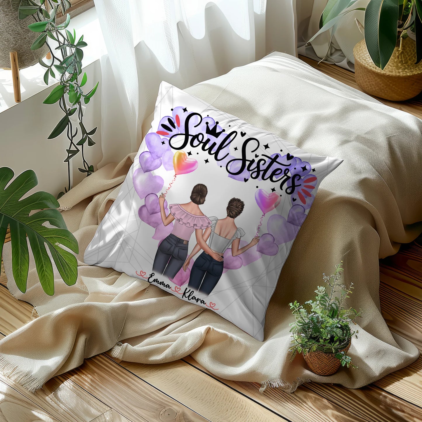 Foto Kissen Mit Namen für Beste Freundin & Soul Sisters mit 2 Clipart Frauen, Namen