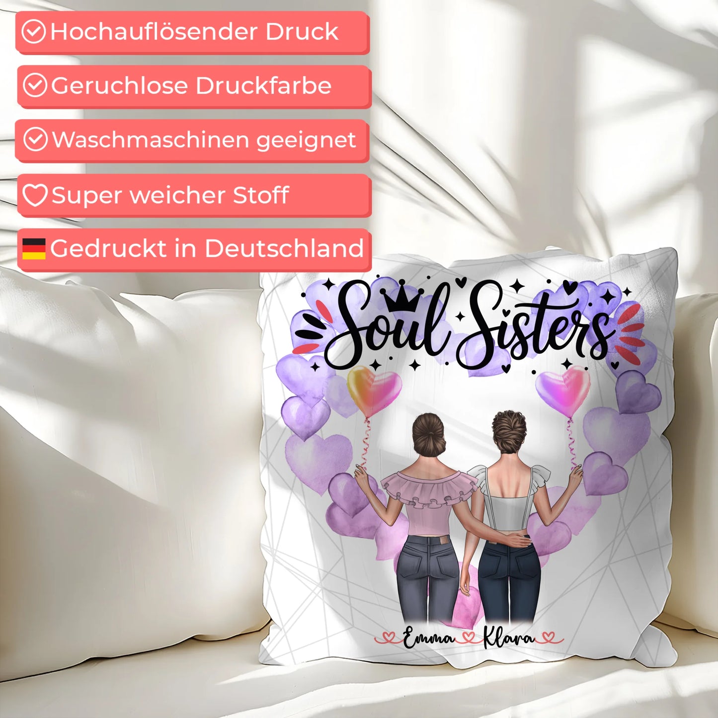 Foto Kissen Mit Namen für Beste Freundin & Soul Sisters mit 2 Clipart Frauen, Namen