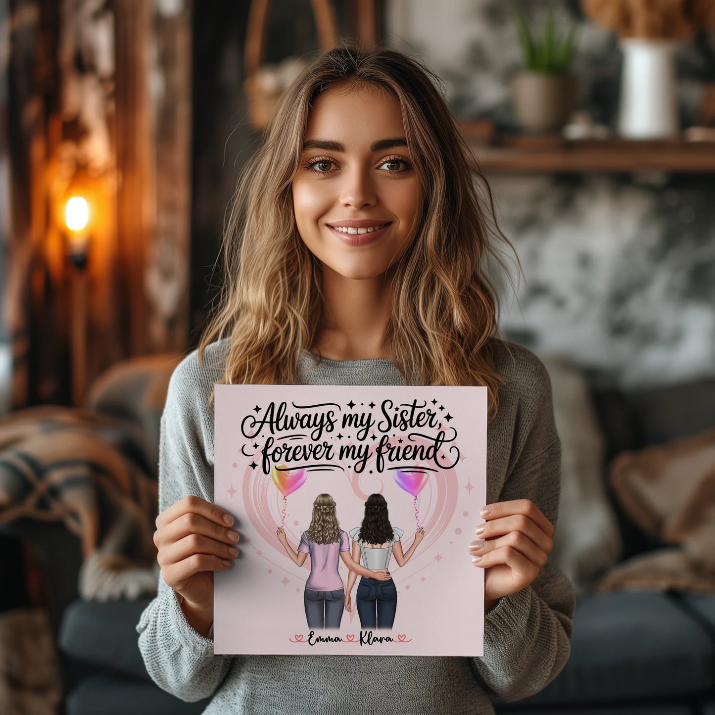 Fotoboard Magnet Wandbild Schwester mit 2 Clipart Frauen, Namen & Wunschtext