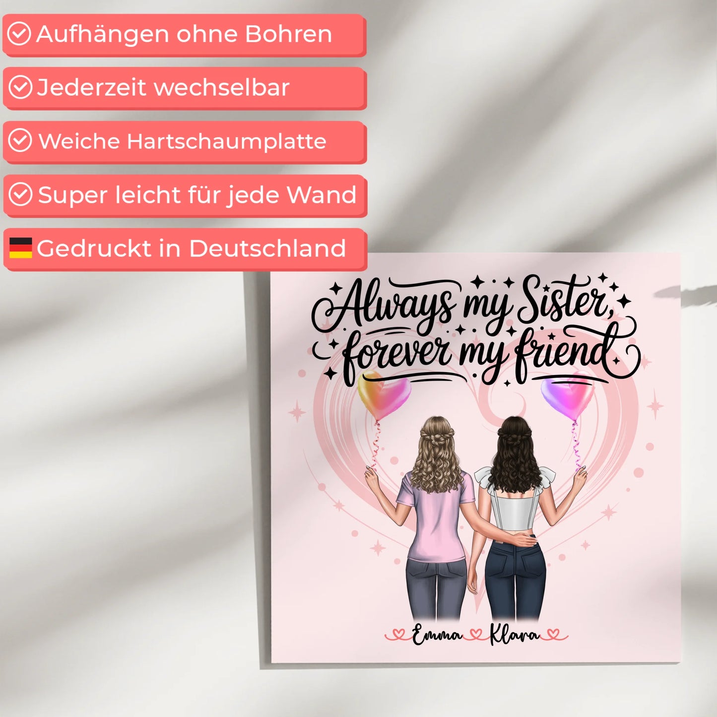 Fotoboard Magnet Wandbild Schwester mit 2 Clipart Frauen, Namen & Wunschtext