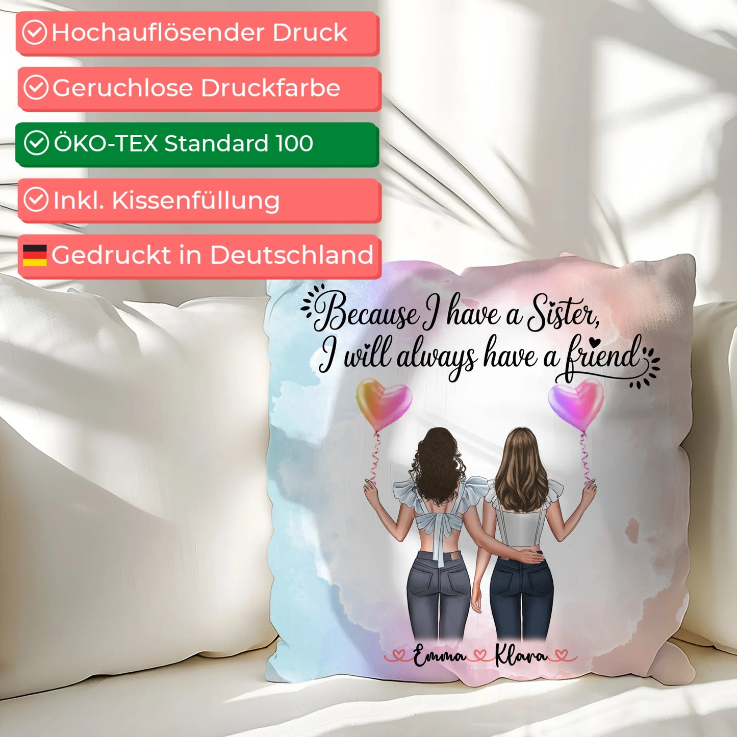 Beste Schwester Kissen mit 2 Clipart Frauen, Namen & Wunschtext, Hintergrundbild möglich