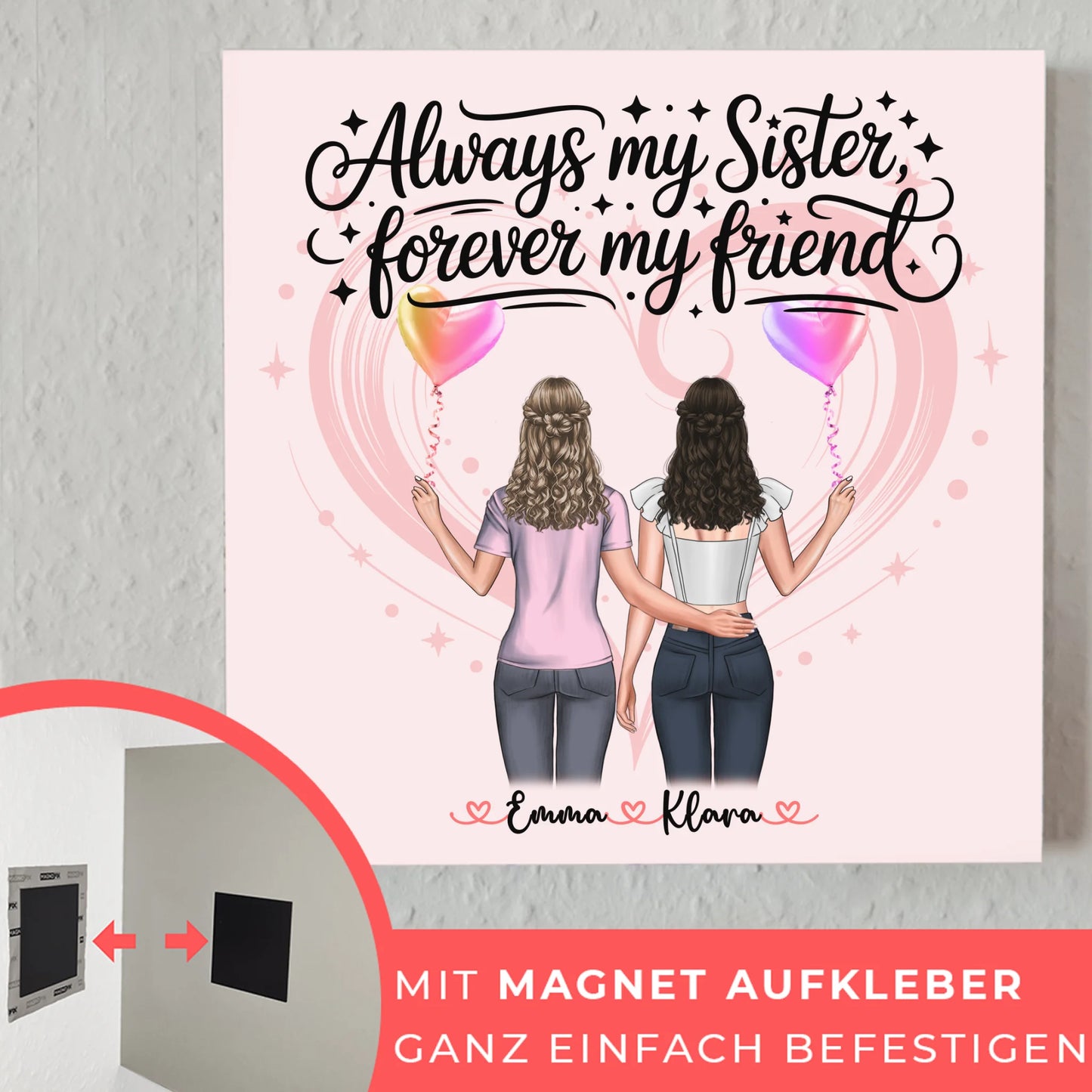 Fotoboard Magnet Wandbild Schwester mit 2 Clipart Frauen, Namen & Wunschtext