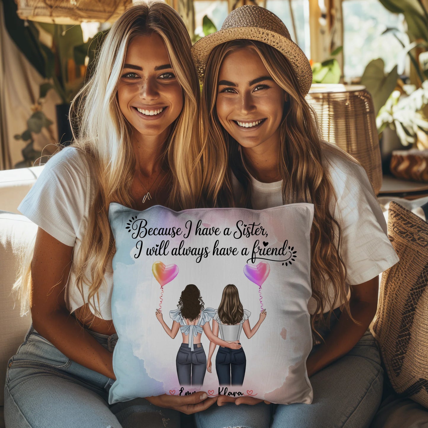 Beste Schwester Kissen mit 2 Clipart Frauen, Namen & Wunschtext, Hintergrundbild möglich