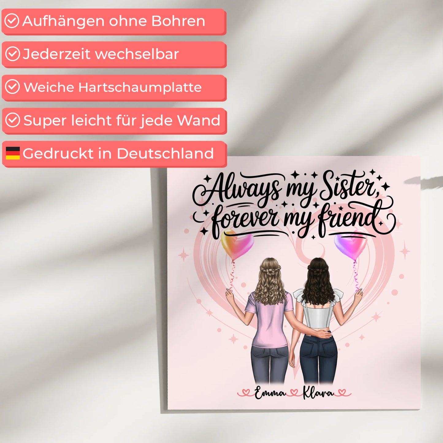Fotoboard Magnet Wandbild Schwester mit 2 Clipart Frauen, Namen & Wunschtext