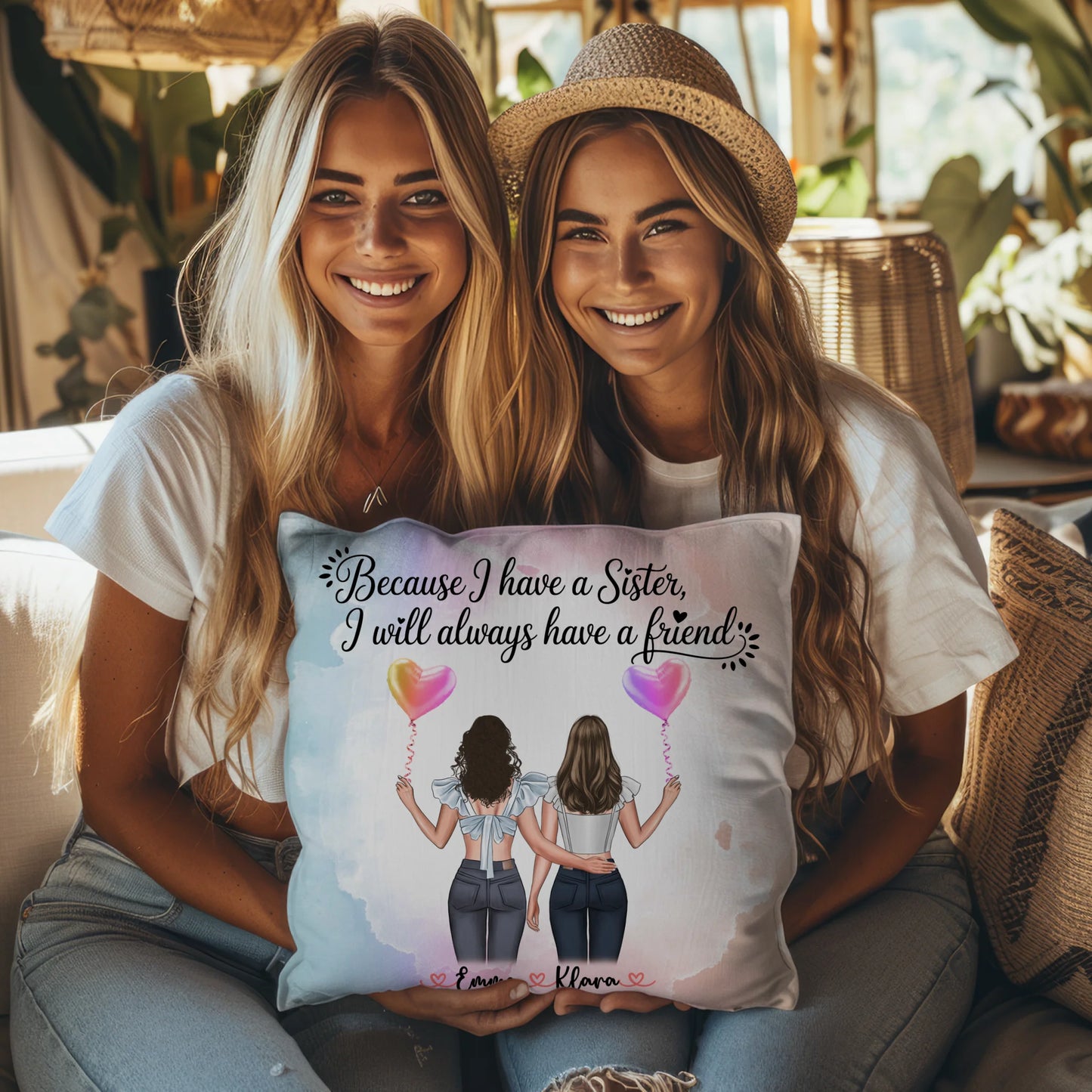 Beste Schwester Kissen mit 2 Clipart Frauen, Namen & Wunschtext, Hintergrundbild möglich