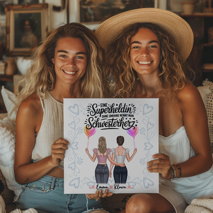 Personalisierte Leinwand Schwester - Lehrerin Heldin, 2 Clipart Frauen, Namen & Wunschtext 2