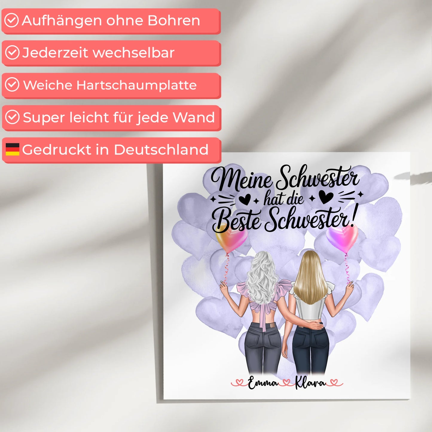 Personalisiertes Fotoboard Schwester mit 2 Clipart Frauen Namen & Spruch