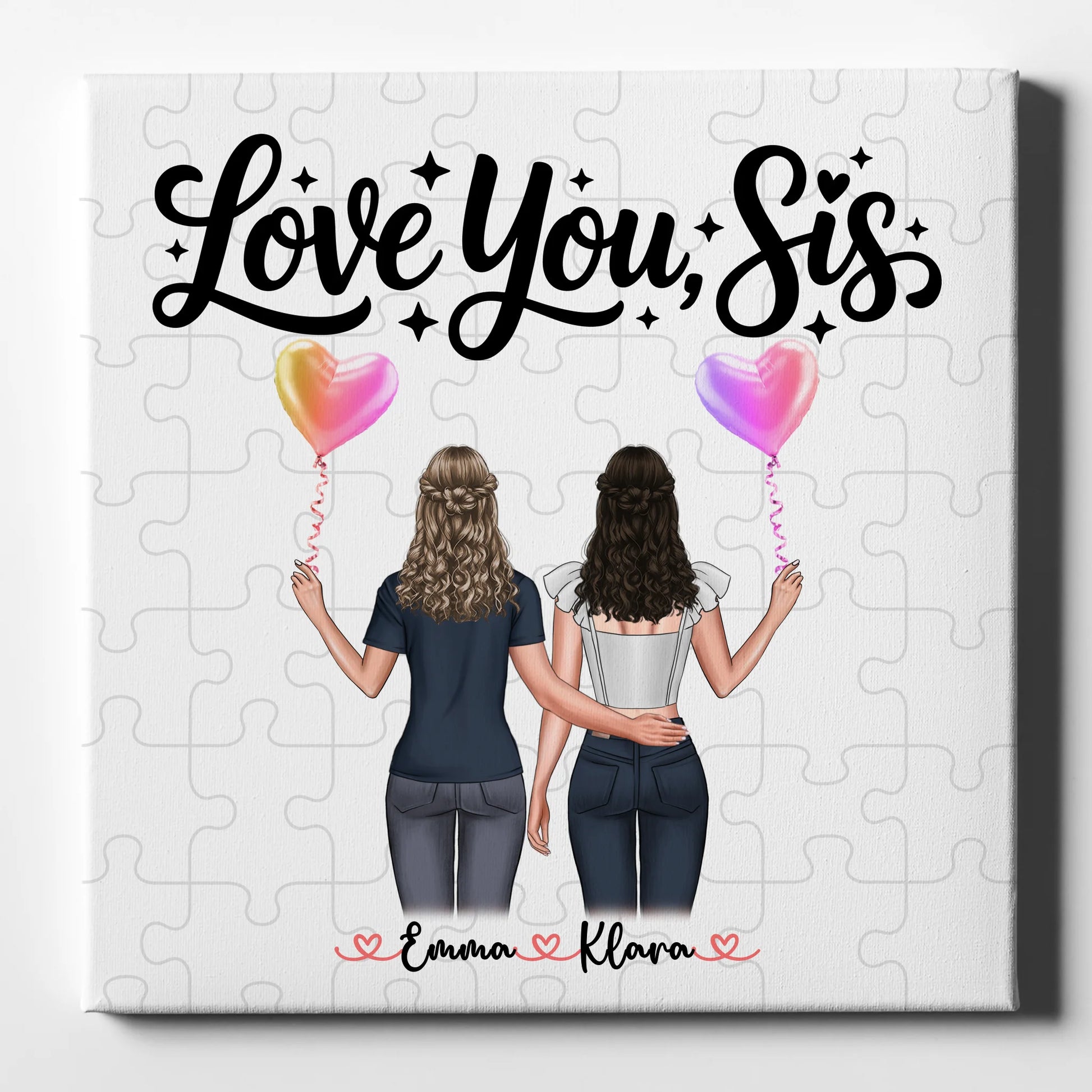 Schwester Leinwand mit 2 Clipart Frauen, Namen, Hintergrund & Wunschtext Love you sis 1