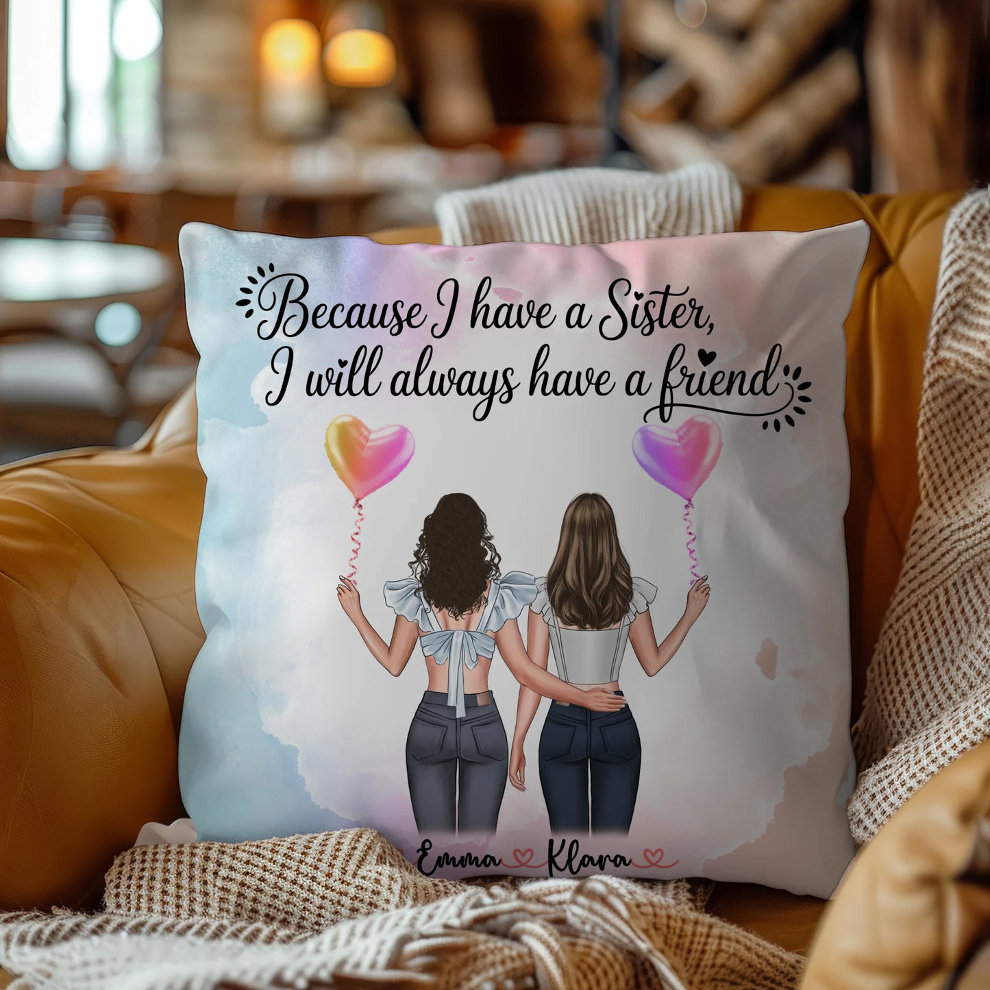 Beste Schwester Kissen mit 2 Clipart Frauen, Namen & Wunschtext, Hintergrundbild möglich