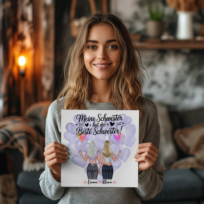 Personalisiertes Fotoboard Schwester mit 2 Clipart Frauen Namen & Spruch
