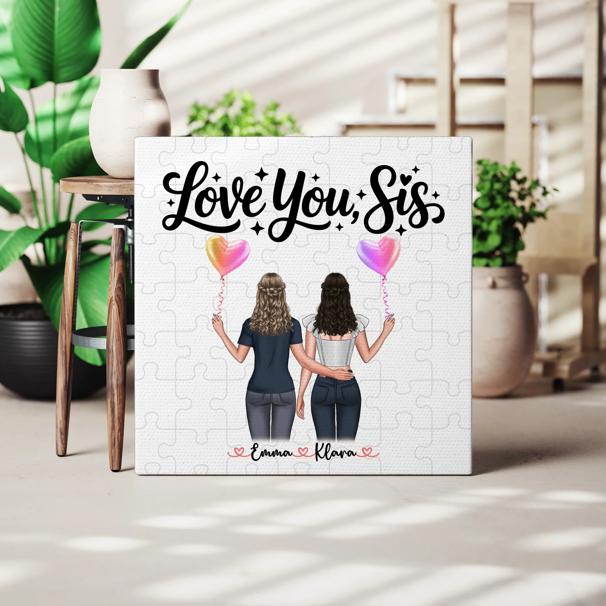 Schwester Leinwand mit 2 Clipart Frauen, Namen, Hintergrund & Wunschtext Love you sis 3