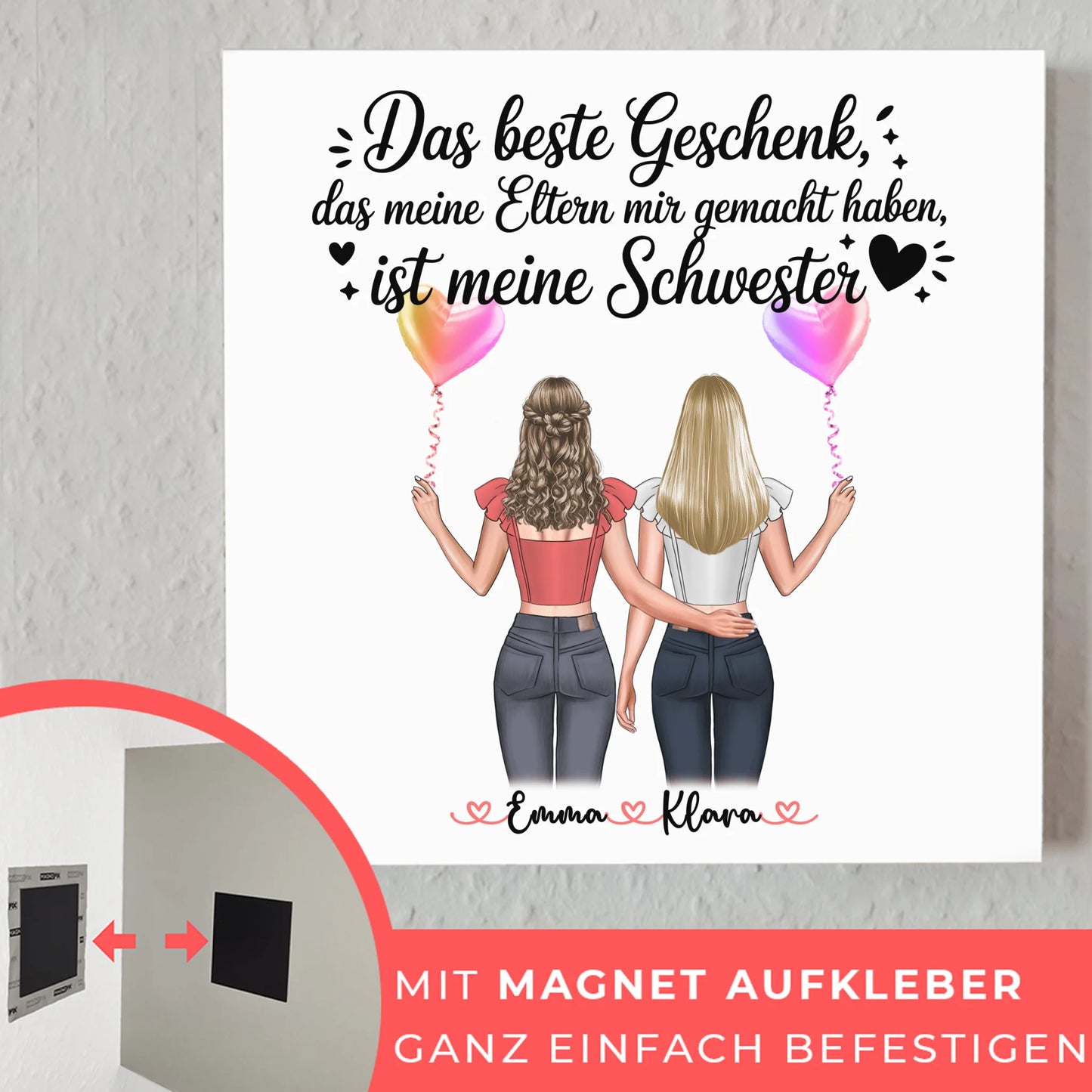 Magnet Wandbild Schwester personalisierbar mit 2 Clipart Frauen