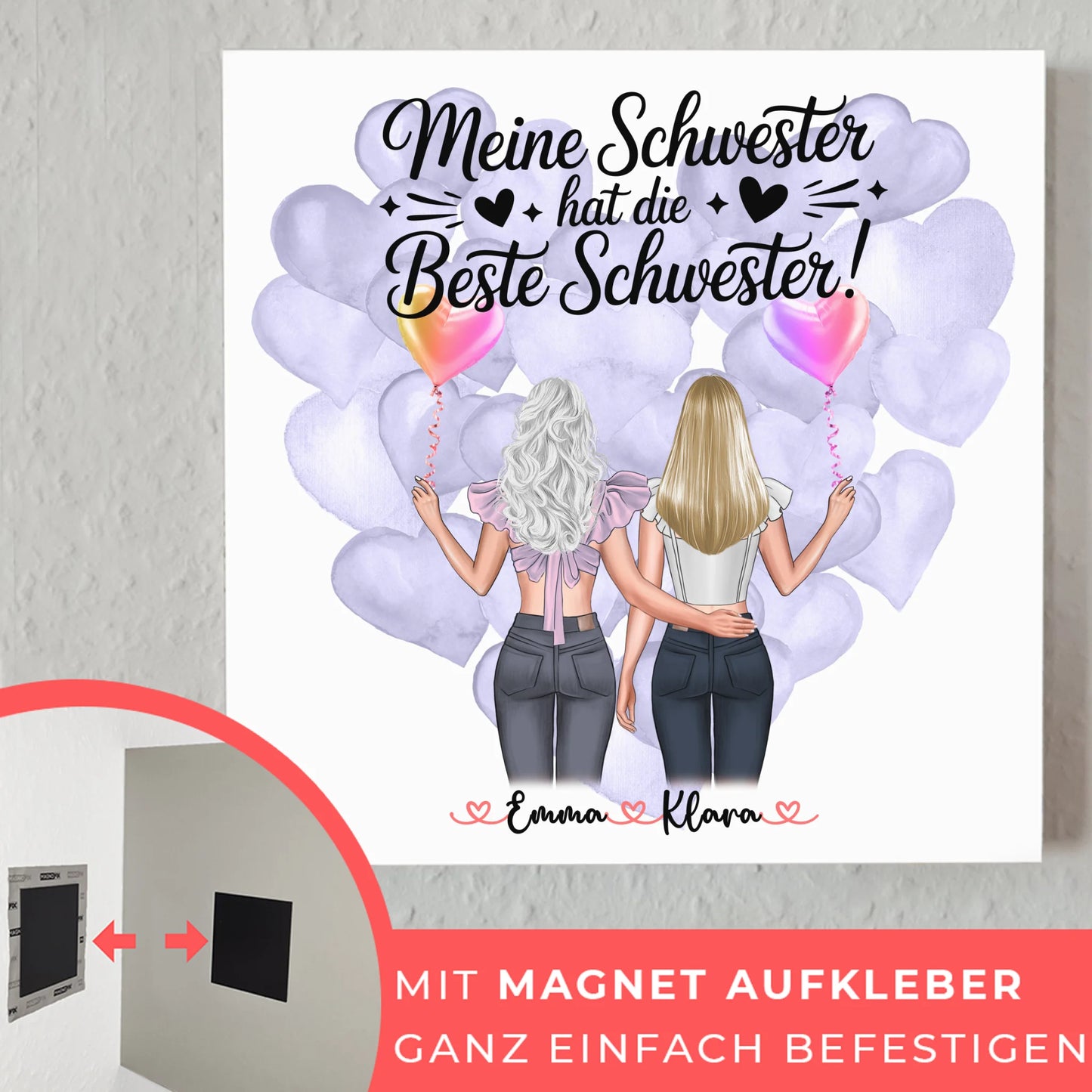 Personalisiertes Fotoboard Schwester mit 2 Clipart Frauen Namen & Spruch