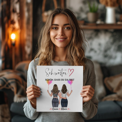 Fotoboard Wandbild Fotocollage Schwester personalisiert mit 2 Clipart Frauen & Wunschtext