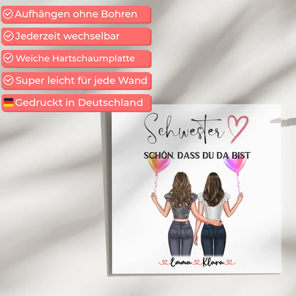 Fotoboard Wandbild Fotocollage Schwester personalisiert mit 2 Clipart Frauen & Wunschtext