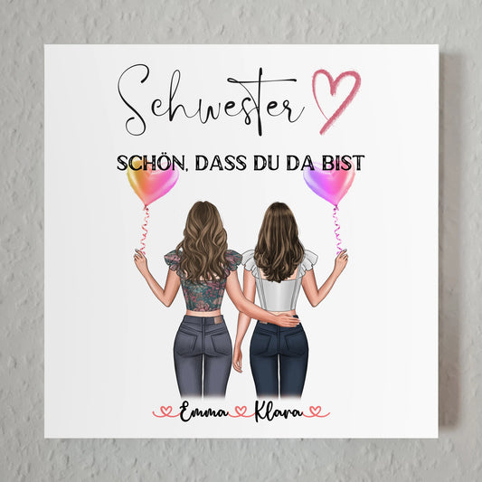 Fotoboard Wandbild Fotocollage Schwester personalisiert mit 2 Clipart Frauen & Wunschtext