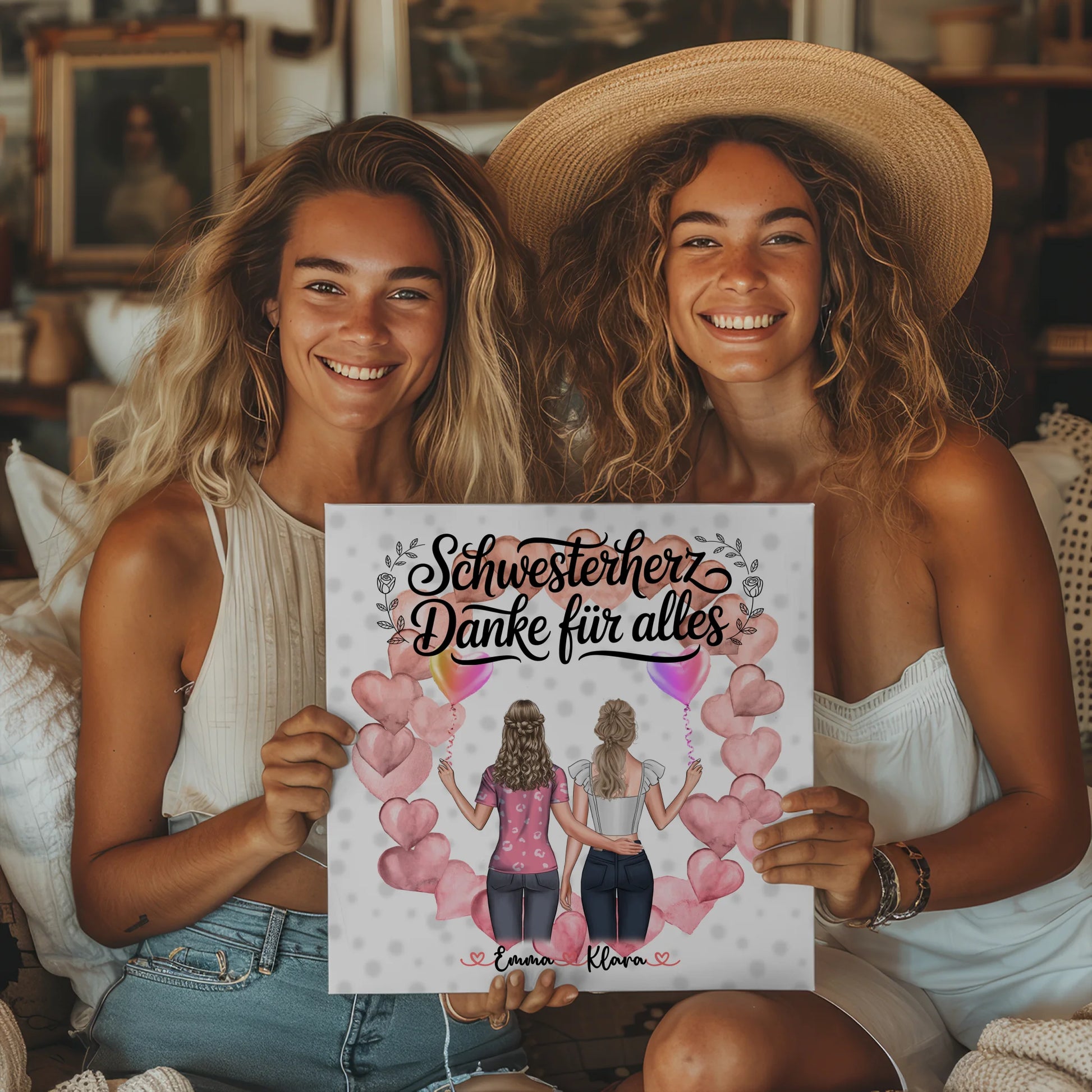 Leinwand Schwester personalisiert 2 Figuren Namen & Wunschtext 2