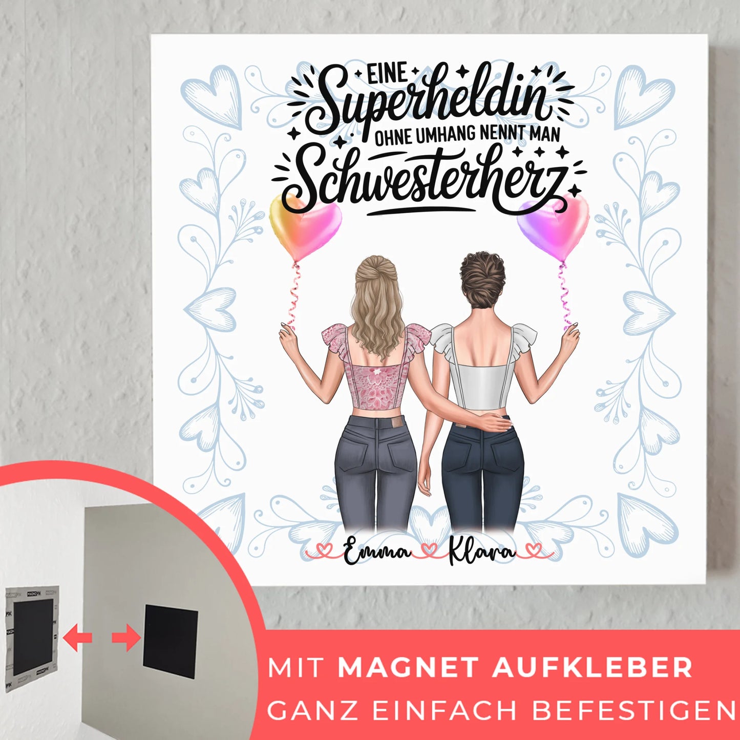 Poster Magnetisch personalisiert für Schwester mit 2 Clipart Frauen, Namen & Wunschtext