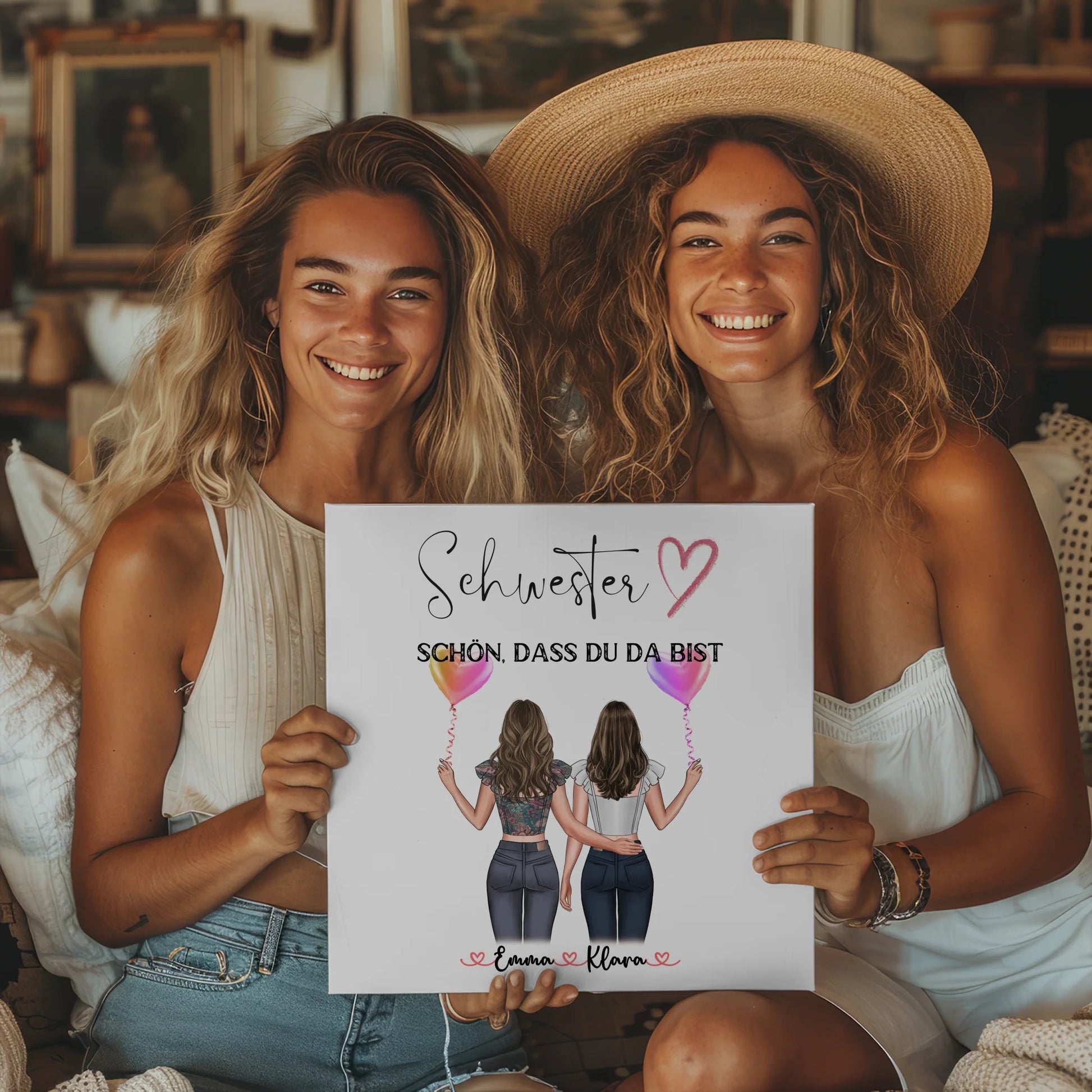 Leinwand Schwester personalisiert mit 2 Clipart Frauen, Namen, Hintergrund und Wunschtext 2
