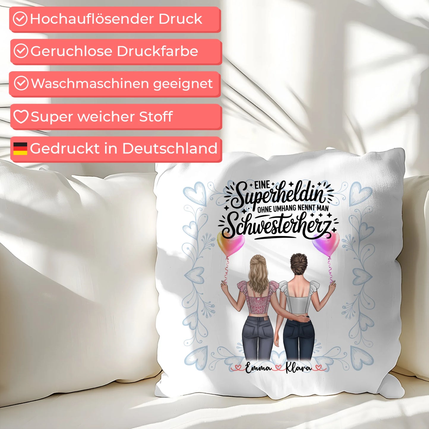 Foto Kissen Mit Namen für Schwester Lehrerin Heldin mit 2 Clipart Frauen und Wunschtext