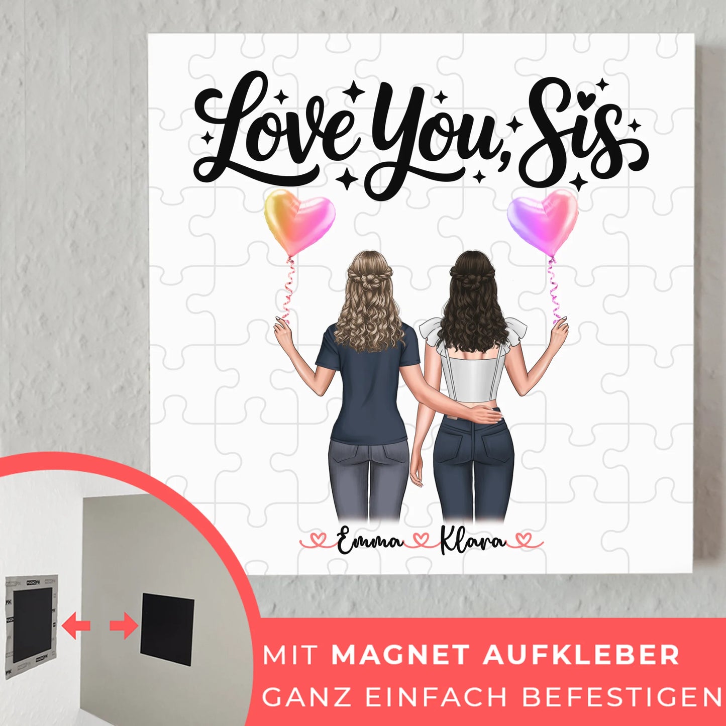 Fotoboard Wandbild Fotocollage Schwester Love you sis personalisiert mit 2 Cliparts