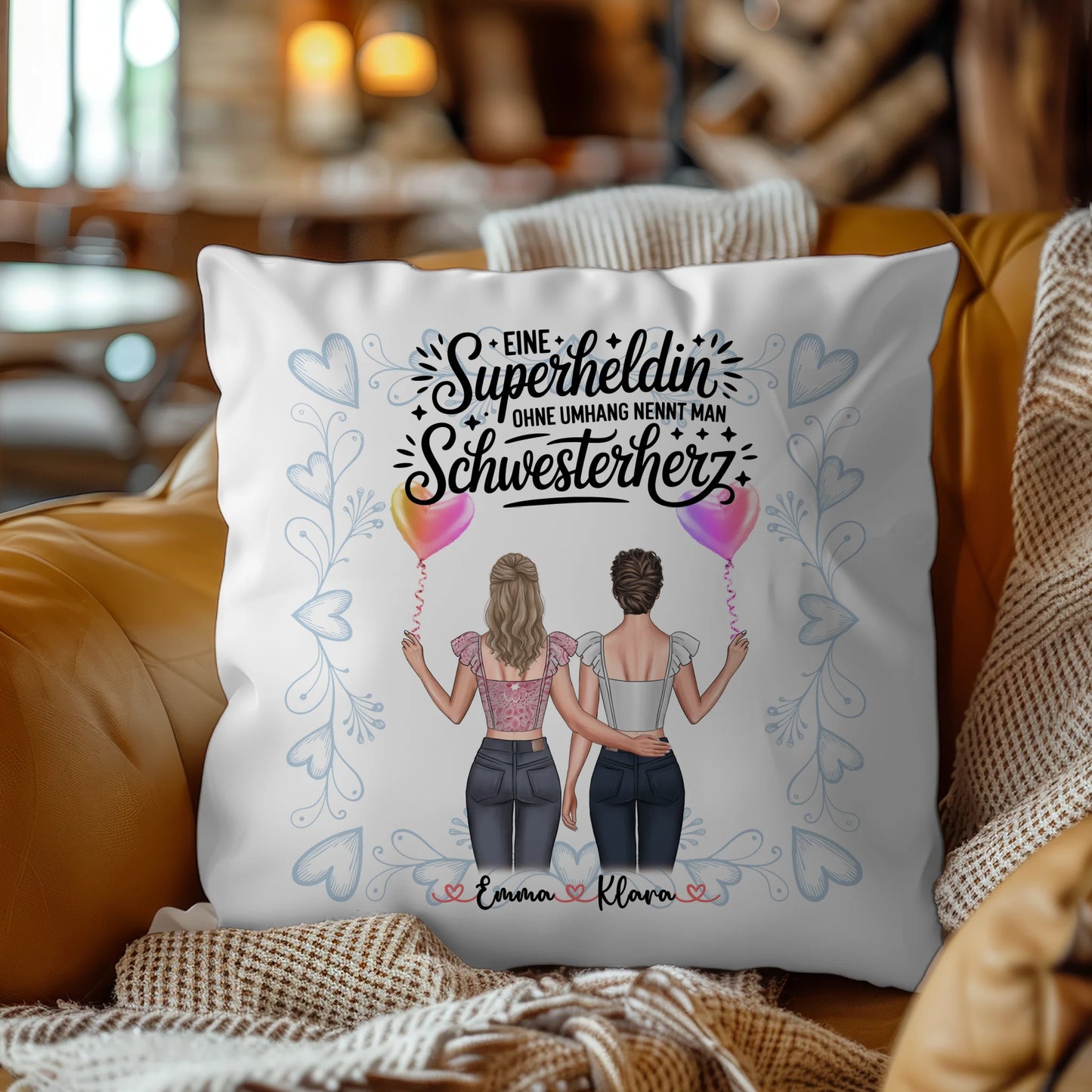 Foto Kissen Mit Namen für Schwester Lehrerin Heldin mit 2 Clipart Frauen und Wunschtext