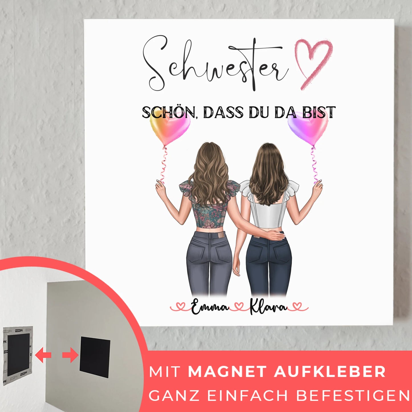 Fotoboard Wandbild Fotocollage Schwester personalisiert mit 2 Clipart Frauen & Wunschtext