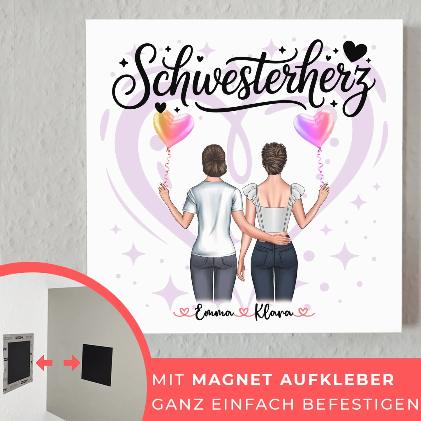 Fotoboard Poster Mit Magnet für Schwesterherz personalisiert mit 2 Clipart Frauen