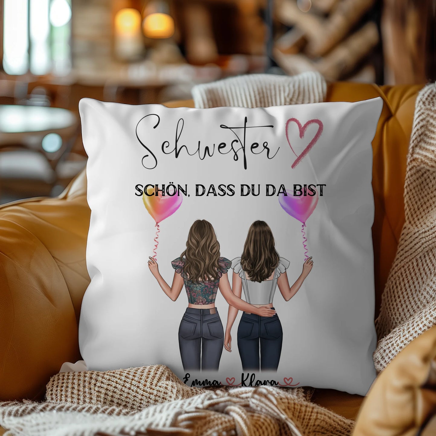 Kissen Große Schwester personalisierbar mit 2 Clipart-Frauen, Namen & Wunschtext