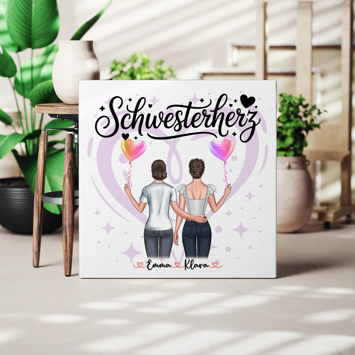 Personalisierte Leinwand Schwester mit 2 Clipart Frauen, Namen, Hintergrundbild & Spruch 3