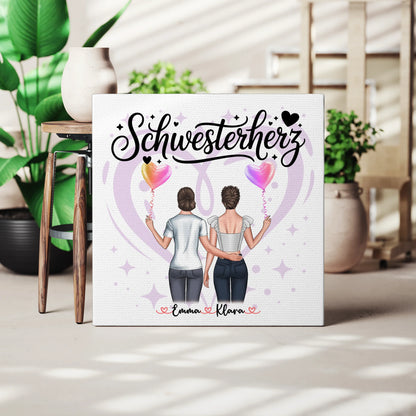 Personalisierte Leinwand Schwester mit 2 Clipart Frauen, Namen, Hintergrundbild & Spruch 3