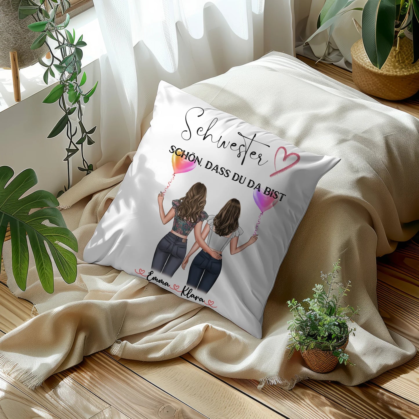 Kissen Große Schwester personalisierbar mit 2 Clipart-Frauen, Namen & Wunschtext