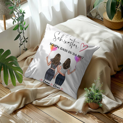 Kissen Große Schwester personalisierbar mit 2 Clipart-Frauen, Namen & Wunschtext