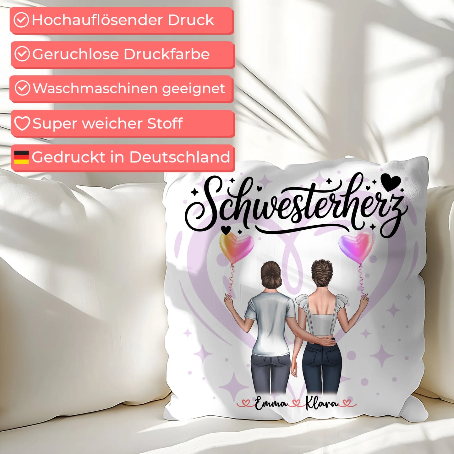 Kissen Große Schwester personalisiert mit 2 Clipart Frauen Namen & Wunschtext