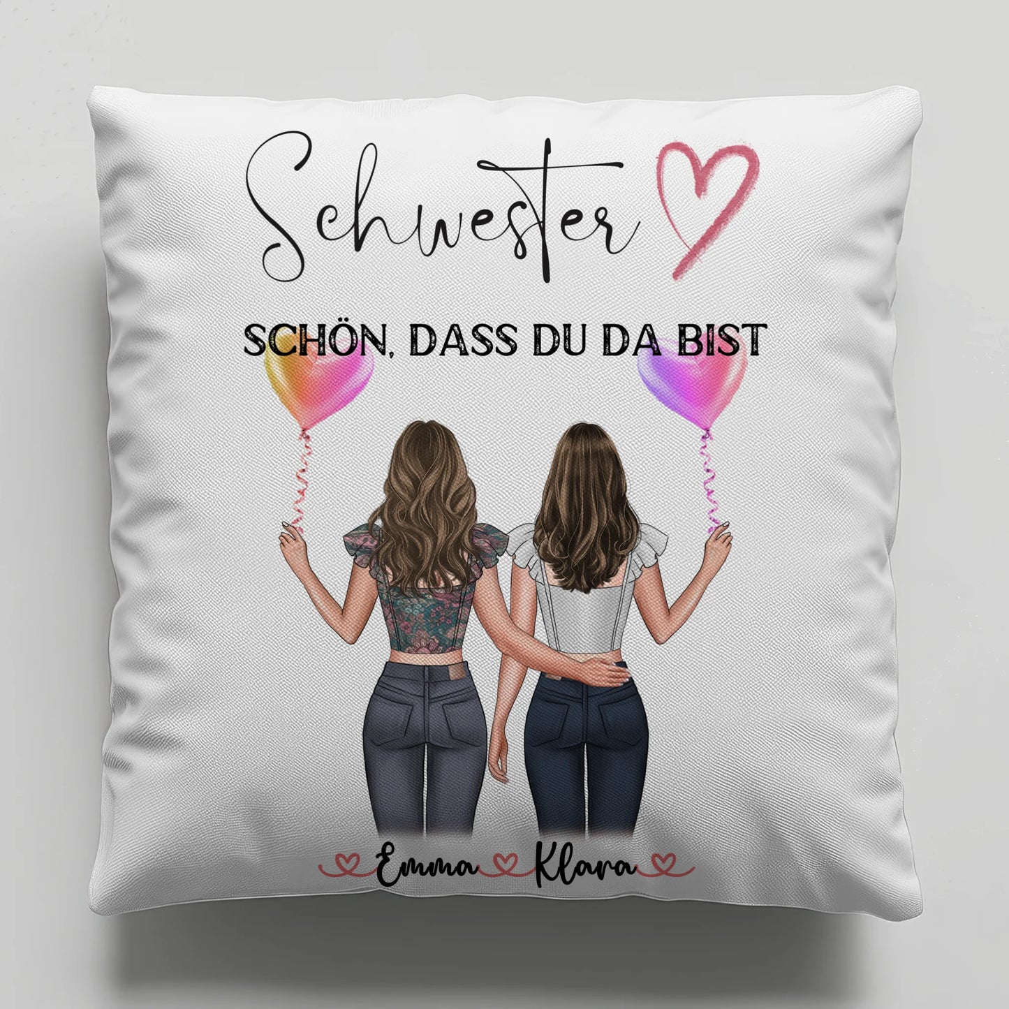Kissen Große Schwester personalisierbar mit 2 Clipart-Frauen, Namen & Wunschtext