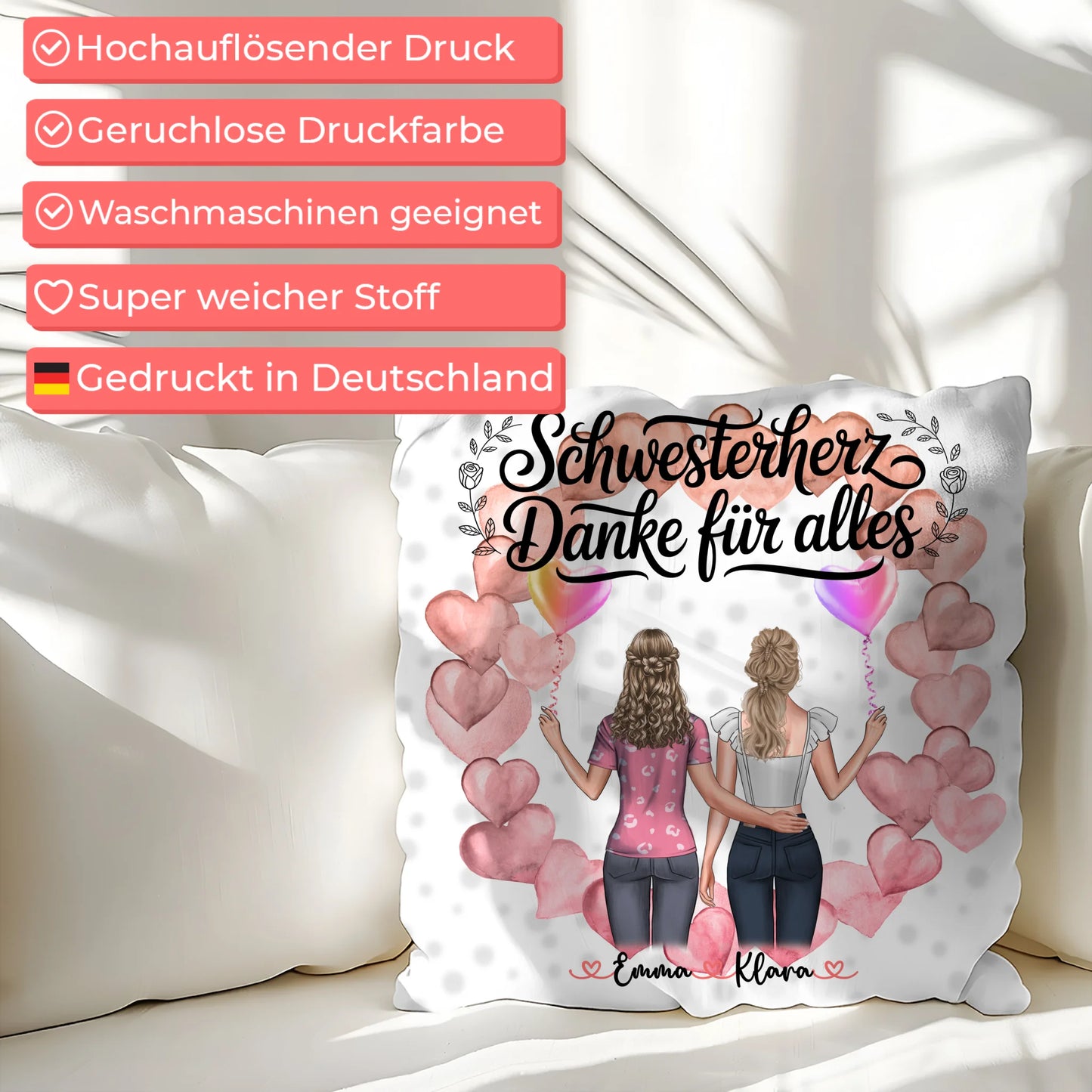 Kissen Mit Namen Schwesterherz Danke für Alles mit Clipart& Wunschtext