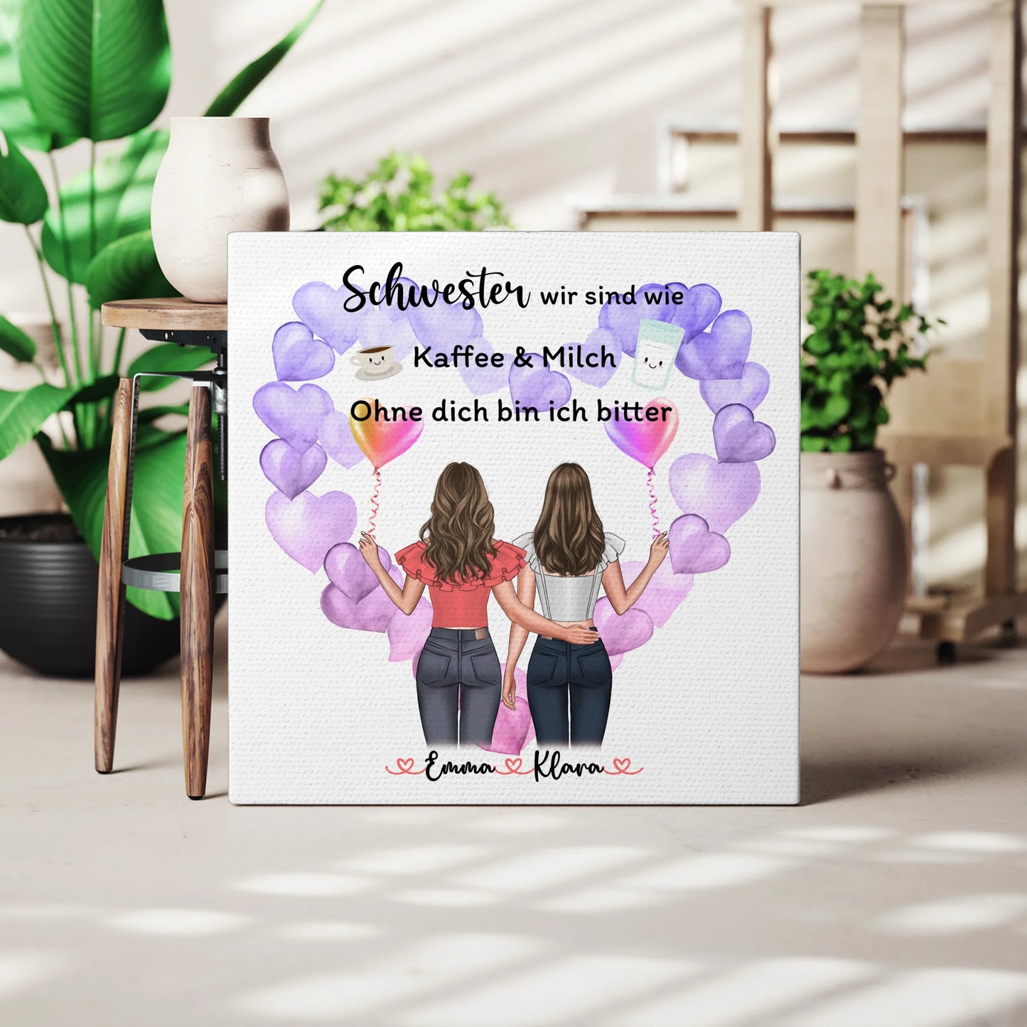 Personalisierte Leinwand Schwester mit 2 Clipart Frauen & Wunschtext 3