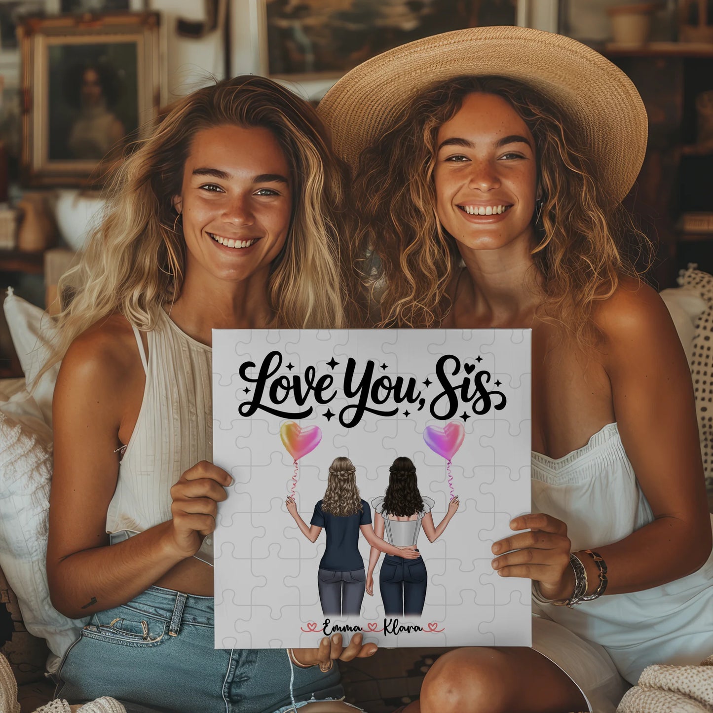 Fotoboard Wandbild Fotocollage Schwester Love you sis personalisiert mit 2 Cliparts