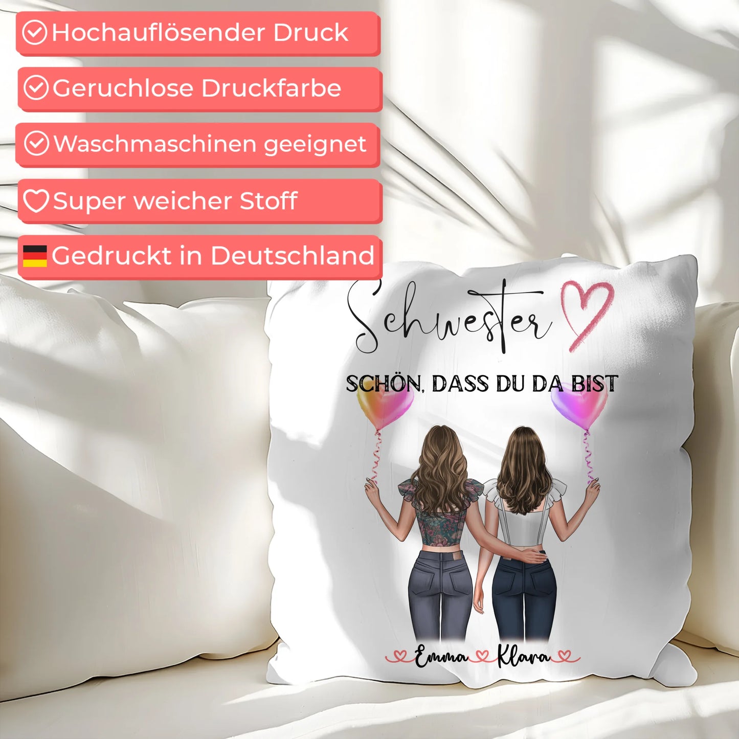 Kissen Große Schwester personalisierbar mit 2 Clipart-Frauen, Namen & Wunschtext