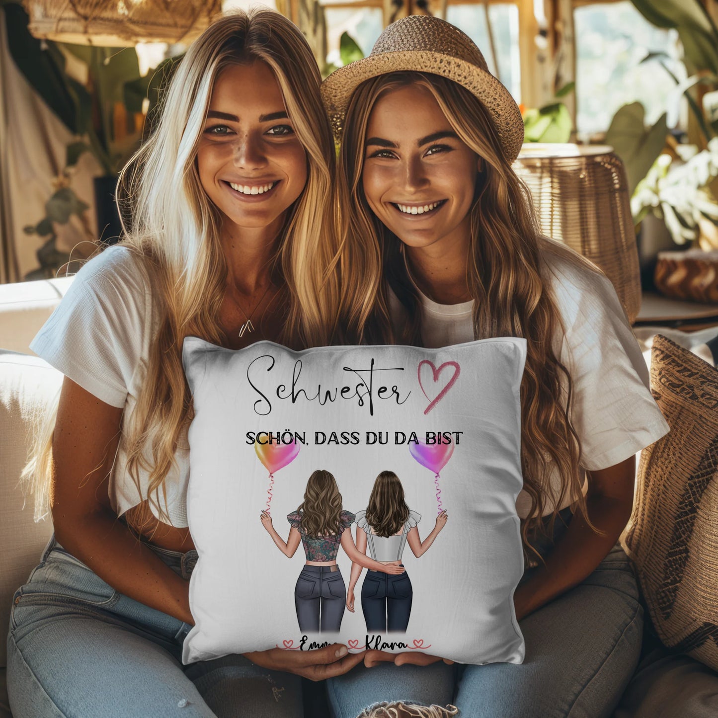 Kissen Große Schwester personalisierbar mit 2 Clipart-Frauen, Namen & Wunschtext