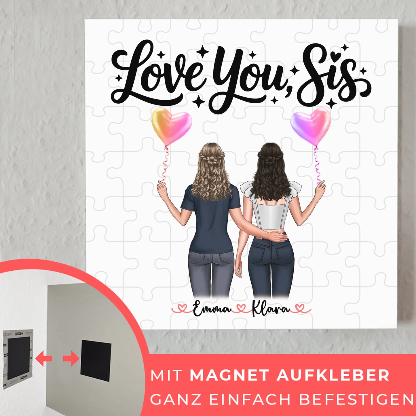 Fotoboard Wandbild Fotocollage Schwester Love you sis personalisiert mit 2 Cliparts