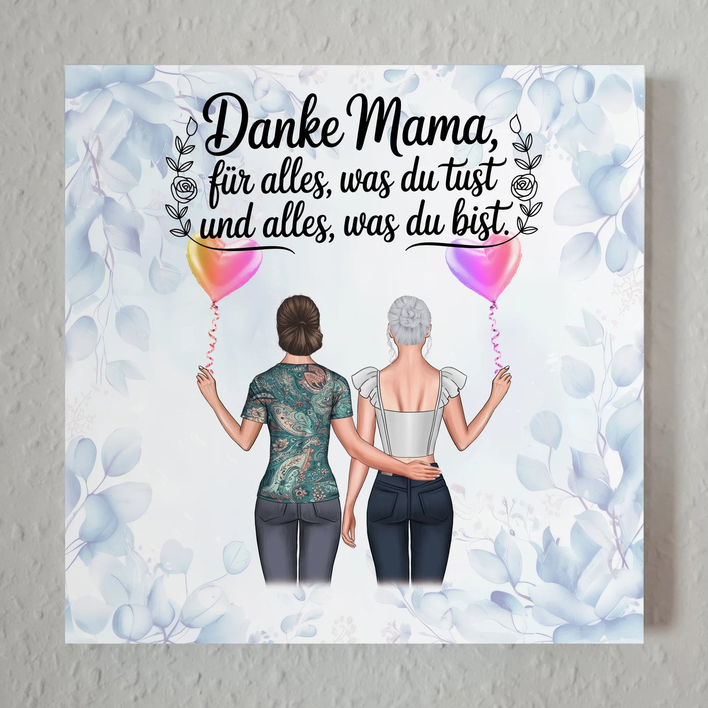 Mama Plakat Fotoboard mit 2 Clipart-Frauen, Namen, Hintergrundbild und Wunschtext