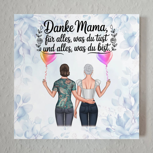 Mama Plakat Fotoboard mit 2 Clipart-Frauen, Namen, Hintergrundbild und Wunschtext